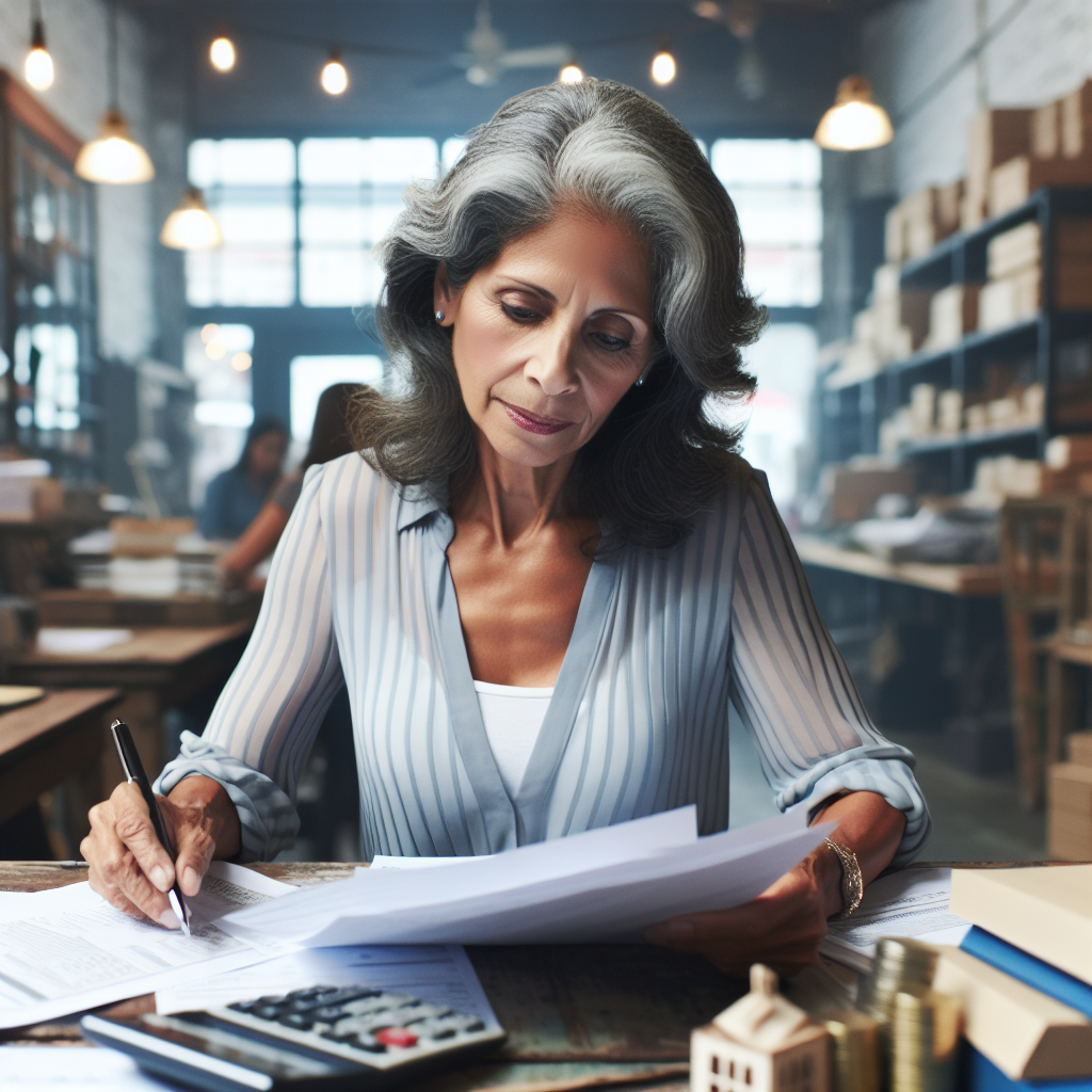 Mature business owner reviewing financial documents in small business setting, workshop or store in background, authentic working environment. No text, no words, no letters, clean image, text-free, visual only. Style: Corporate photography