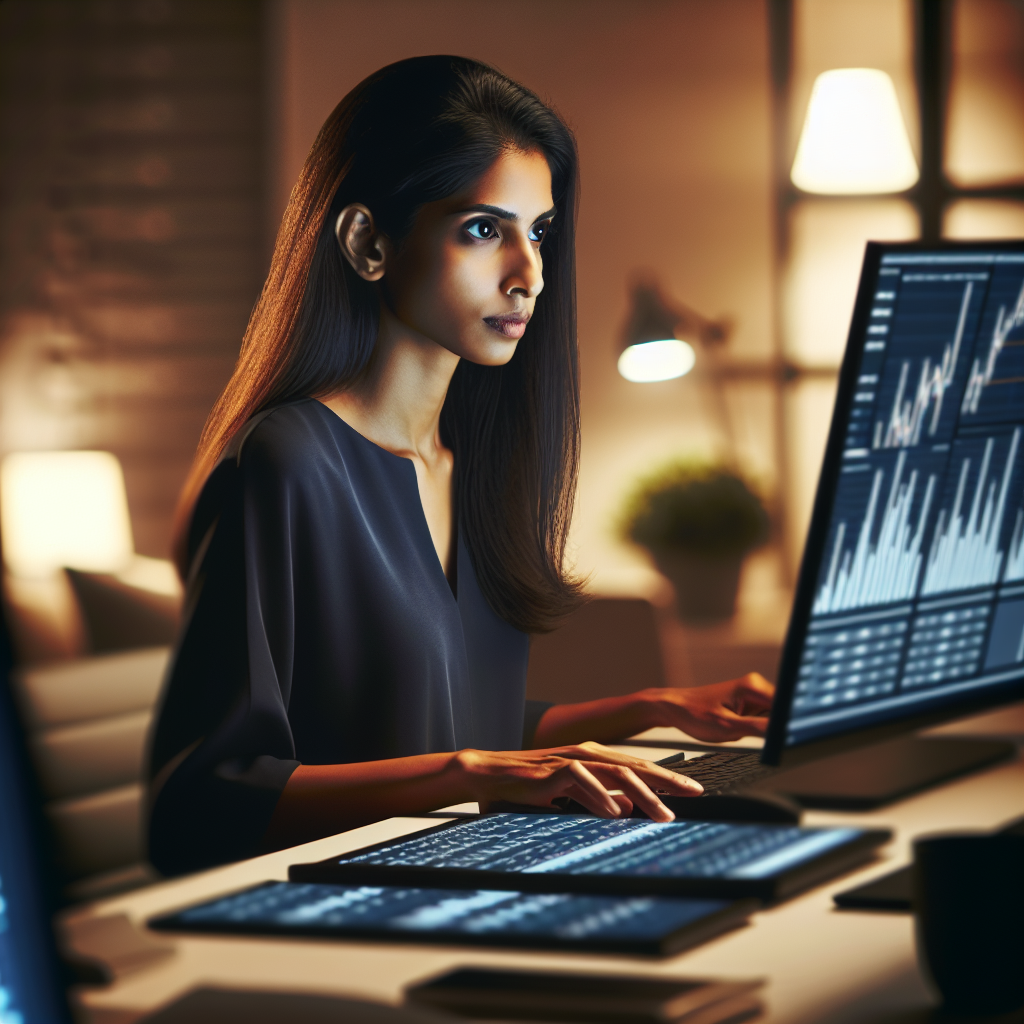 Professional analyzing financial data on multiple screens, focused expression, modern home office, evening setting with warm desk lighting. No text, no words, no letters, clean image, text-free, visual only. Style: Corporate photography