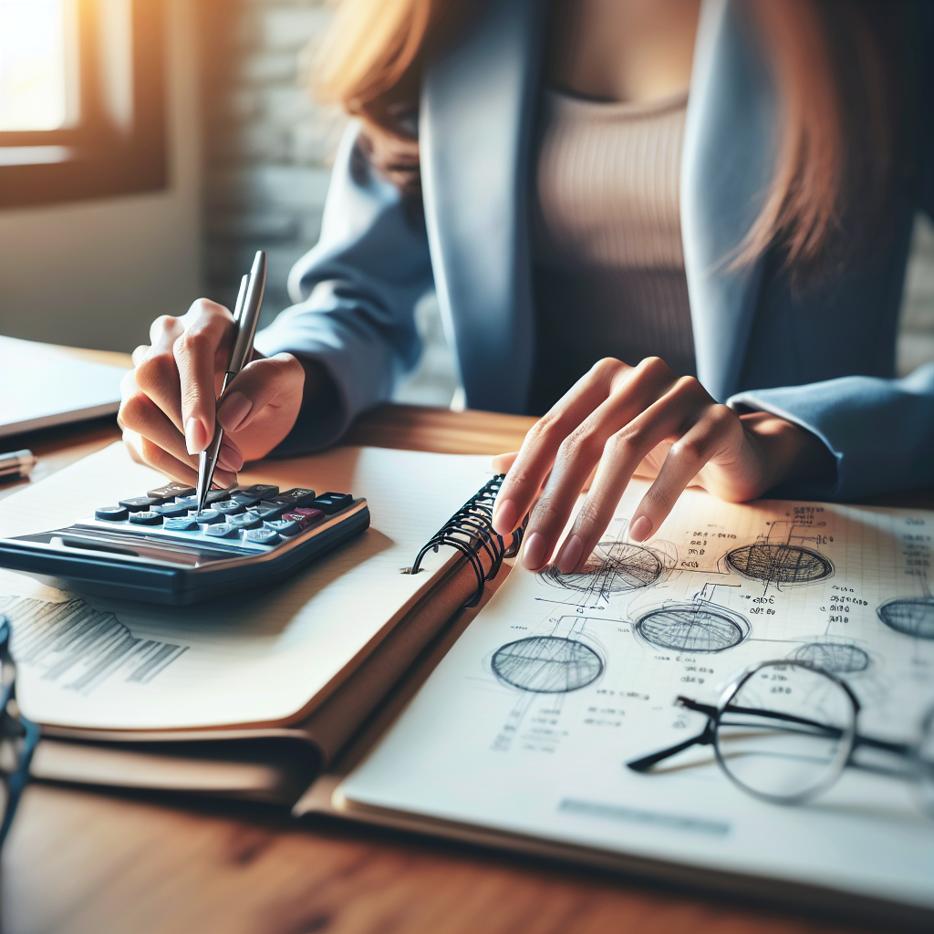 Close-up of professional's hands using financial calculator, notebook with financial planning sketches nearby, wooden desk, soft focus. No text, no words, no letters, clean image, text-free, visual only. Style: Corporate photography