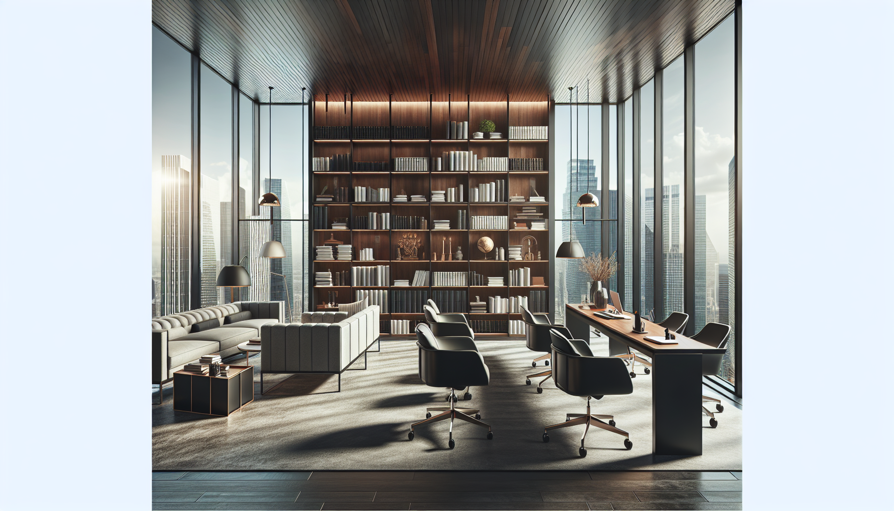 Panoramic view of financial advisor's modern office, organized bookshelves, client seating area, large windows with city view, professional environment. No text, no words, no letters, clean image, text-free, visual only. Style: Corporate photography