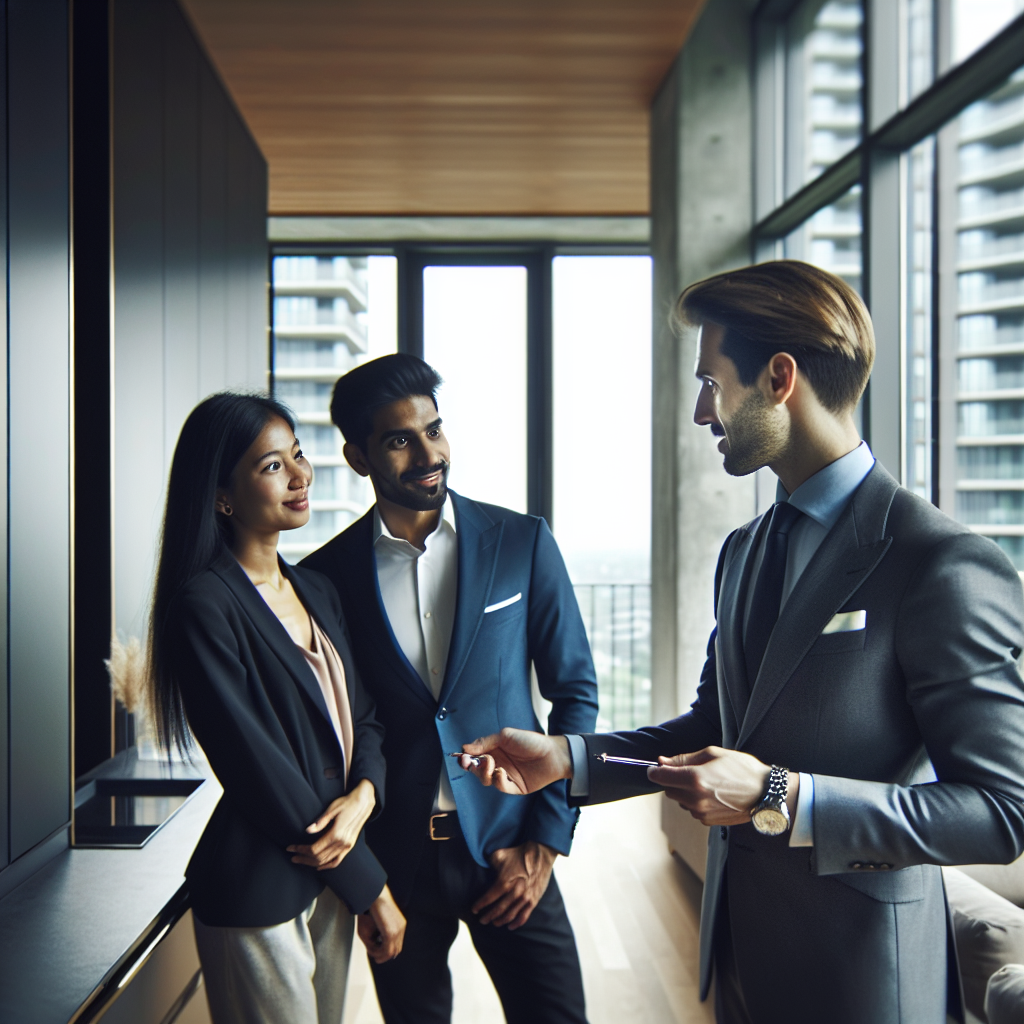 Real estate agent showing investment property to young couple, modern apartment interior, large windows, natural lighting, professional interaction. No text, no words, no letters, clean image, text-free, visual only. Style: Corporate photography
