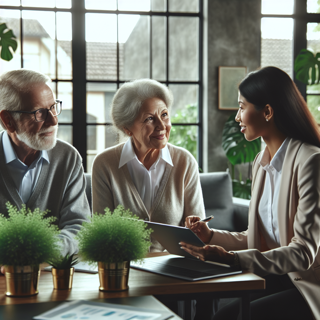 Senior couple reviewing retirement portfolio with financial advisor, comfortable office setting, potted plants, large windows, warm atmosphere. No text, no words, no letters, clean image, text-free, visual only. Style: Corporate photography