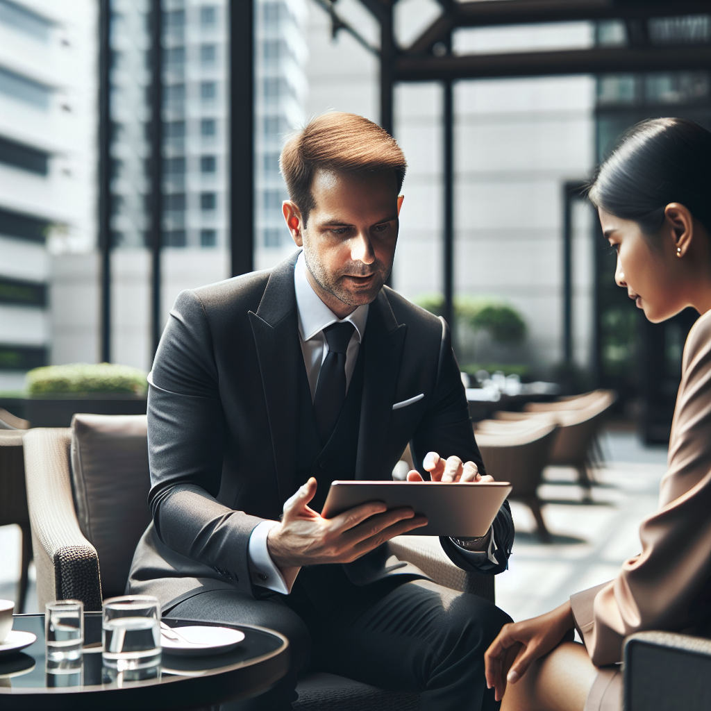 Financial advisor explaining portfolio to client on tablet, outdoor meeting at upscale cafe terrace, professional but relaxed setting, soft natural lighting. No text, no words, no letters, clean image, text-free, visual only. Style: Corporate photography