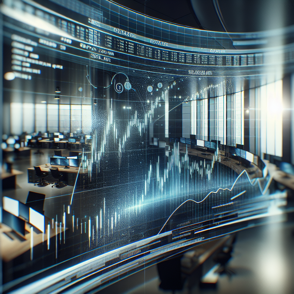 Close-up of stock market data displayed on curved monitor screen, blurred office environment background, professional lighting. No text, no words, no letters, clean image, text-free, visual only. Style: Corporate photography