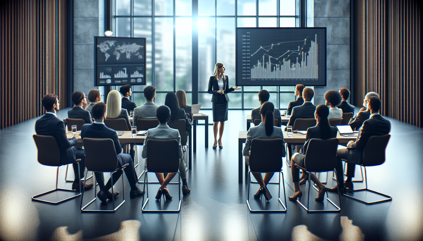 Wide angle view of financial seminar in progress, professional speaker, engaged audience, modern conference room, professional lighting. No text, no words, no letters, clean image, text-free, visual only. Style: Corporate photography