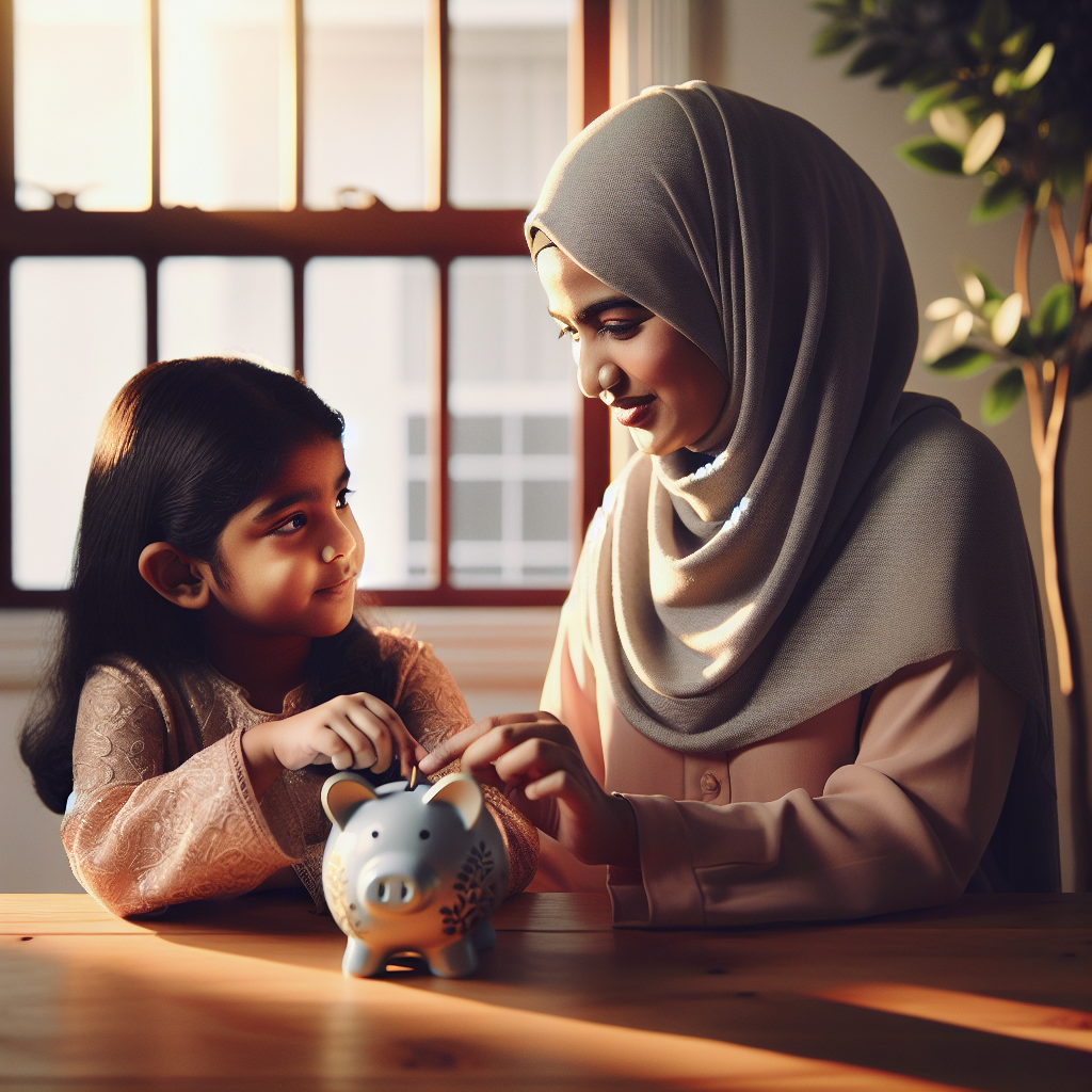 Young parent teaching child about saving money with piggy bank, warm home setting, natural daylight through windows. No text, no words, no letters, clean image, text-free, visual only. Style: Corporate photography