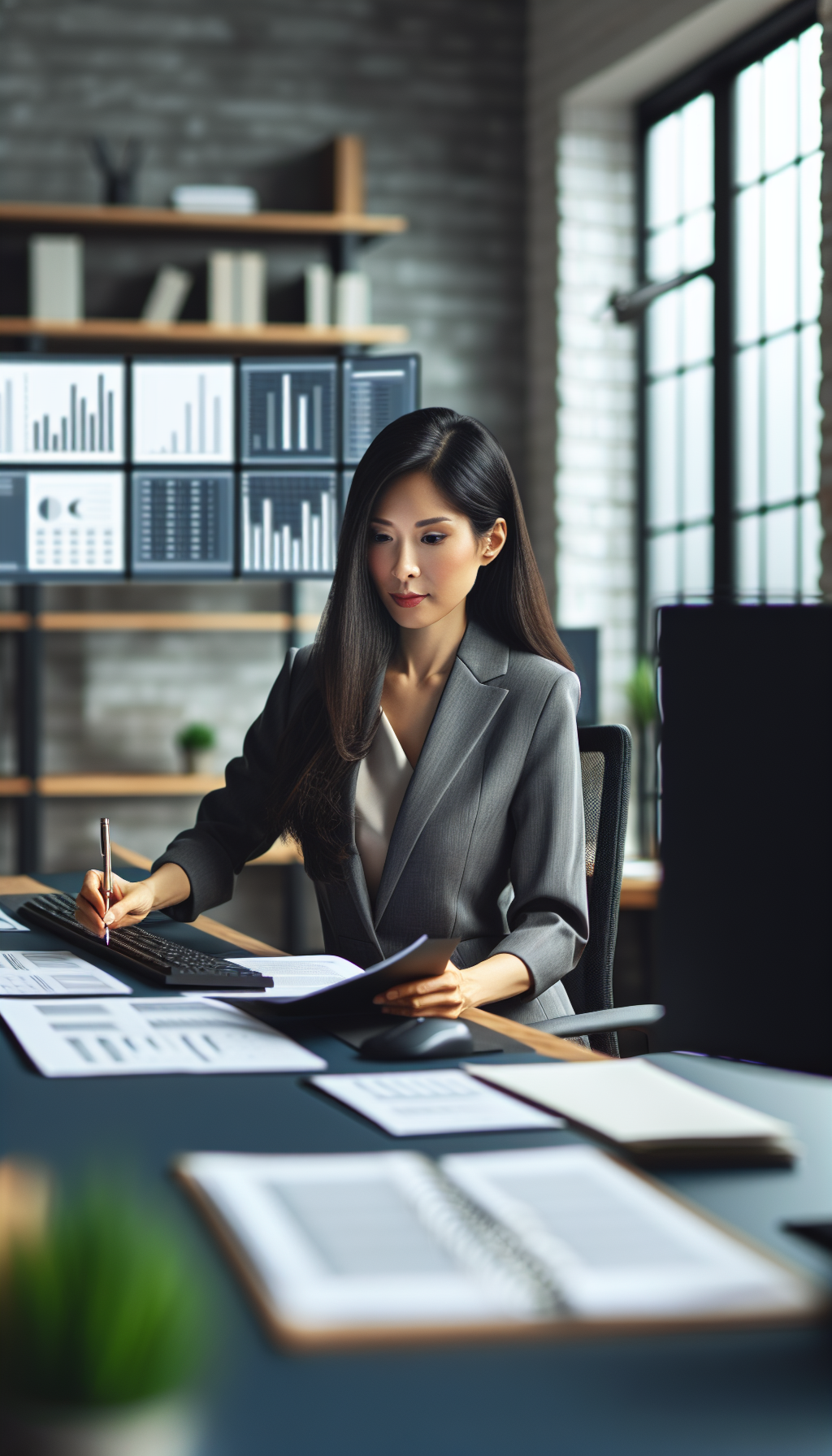 Professional woman working on financial planning at ergonomic desk setup, multiple screens, organized workspace, home office with personality. No text, no words, no letters, clean image, text-free, visual only. Style: Corporate photography