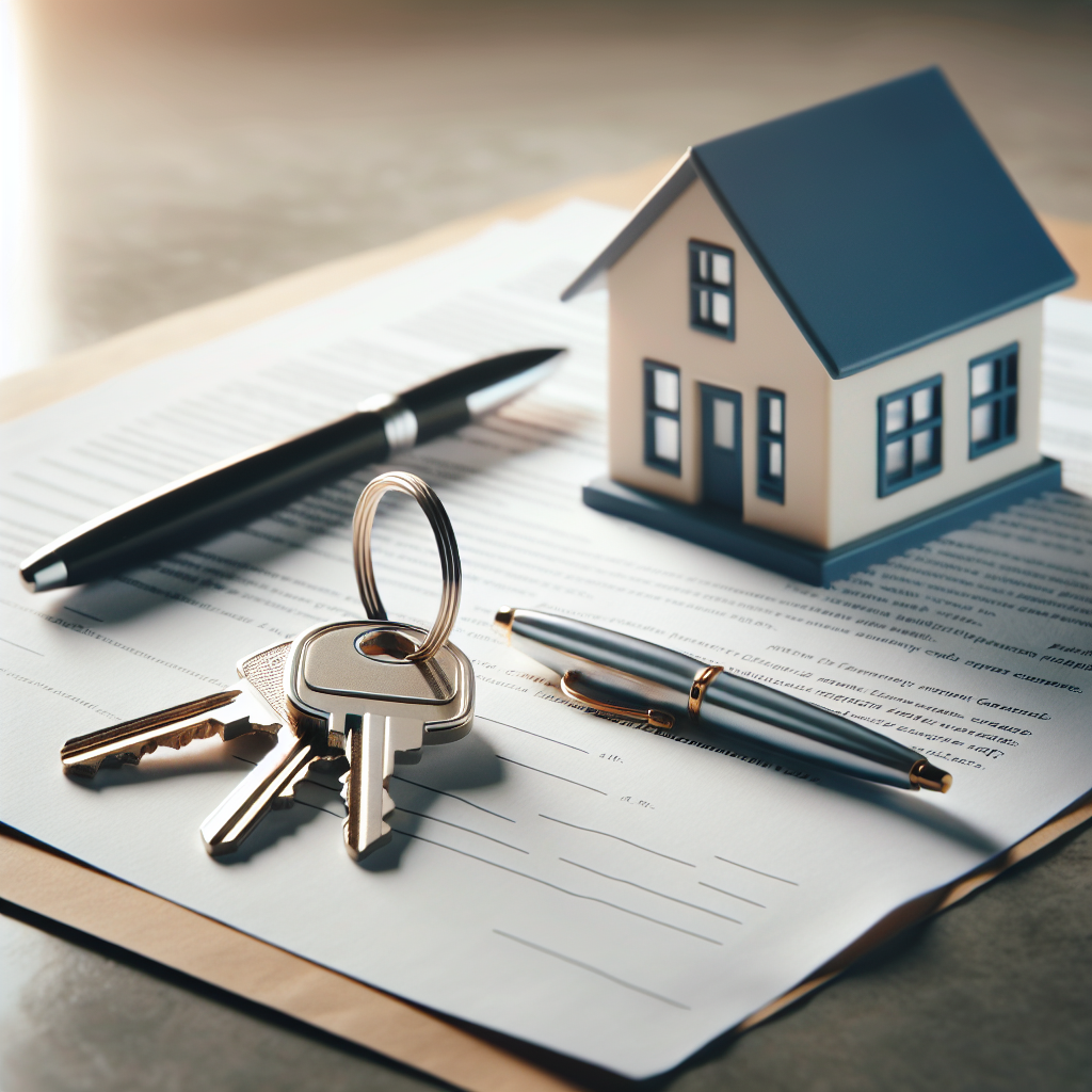 Close-up of house keys and miniature house model on real estate contract, soft focus background, professional lighting. No text, no words, no letters, clean image, text-free, visual only. Style: Corporate photography