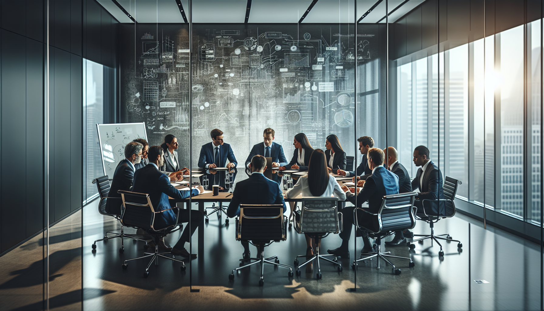 Financial advisor team having strategy meeting, diverse professionals around conference table, glass whiteboard with erased markings, modern office. No text, no words, no letters, clean image, text-free, visual only. Style: Corporate photography