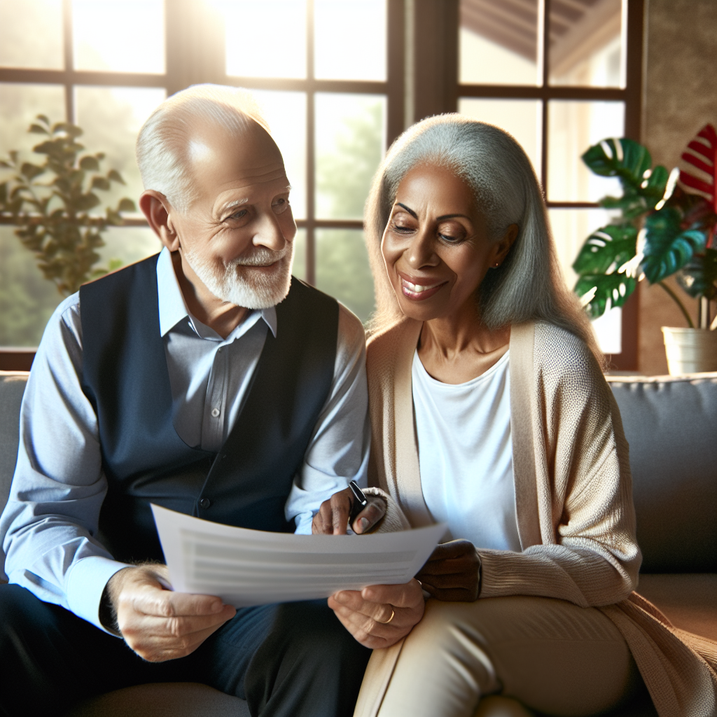 A retirement-aged couple looking happy while reviewing financial documents at home, comfortable living room, natural lighting, plants in background. No text, no words, no letters, clean image, text-free, visual only. Style: Corporate photography
