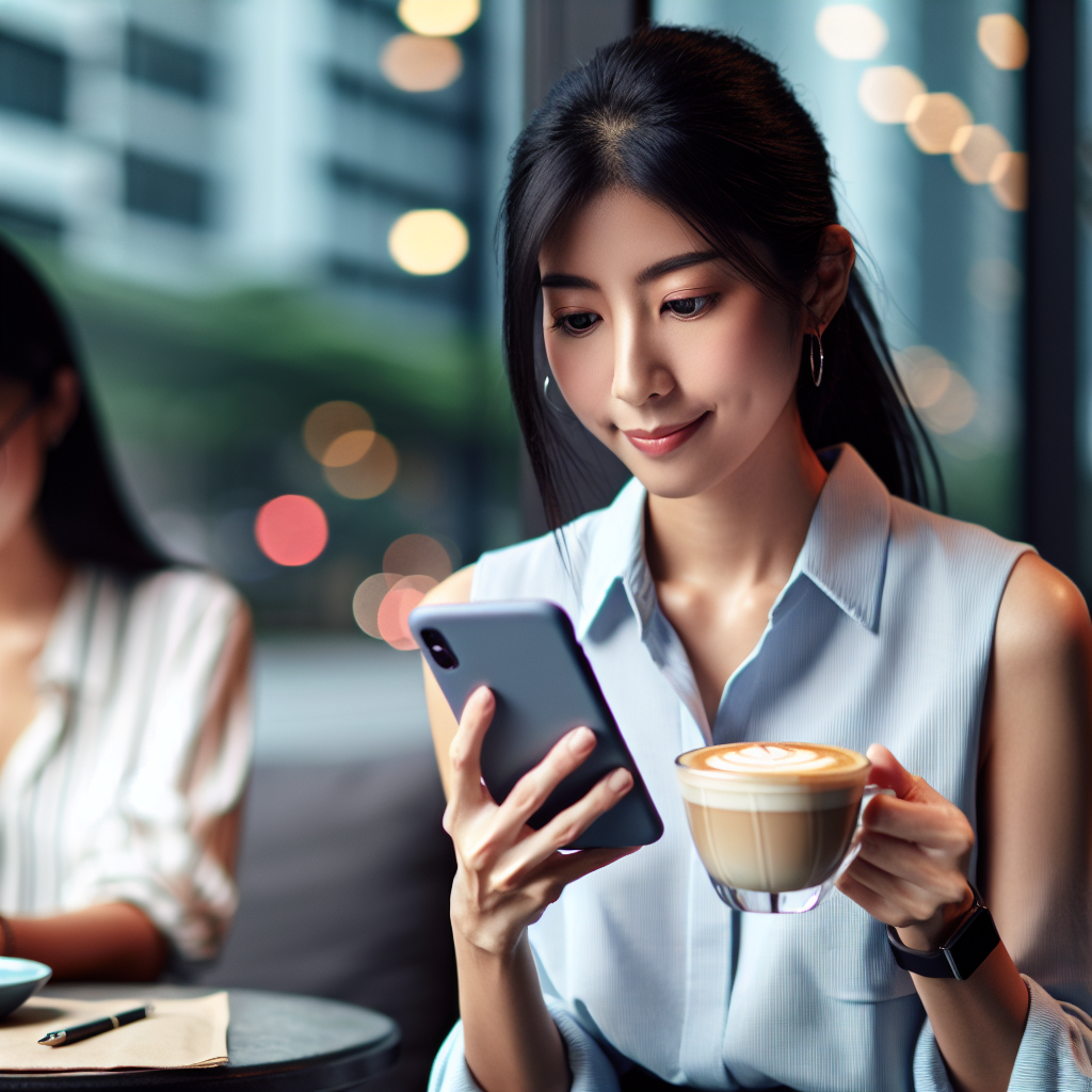 Young professional checking finance app on smartphone, urban cafe setting, casual but professional attire, latte on table, soft bokeh background. No text, no words, no letters, clean image, text-free, visual only. Style: Corporate photography