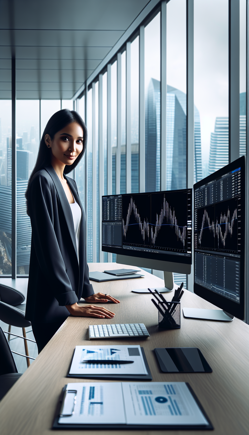 Professional female financial advisor at modern standing desk, multiple monitors with financial data, elegant office space, large windows, city view. No text, no words, no letters, clean image, text-free, visual only. Style: Corporate photography
